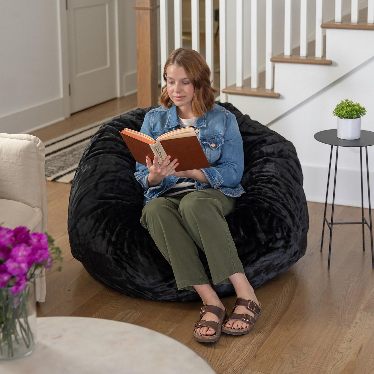 imageFlash Furniture Duncan Oversized Bean Bag Chair for Kids and Adults FoamFilled Beanbag Chair with Machine Washable Cover Light Pink Polka DotBlack Furry
