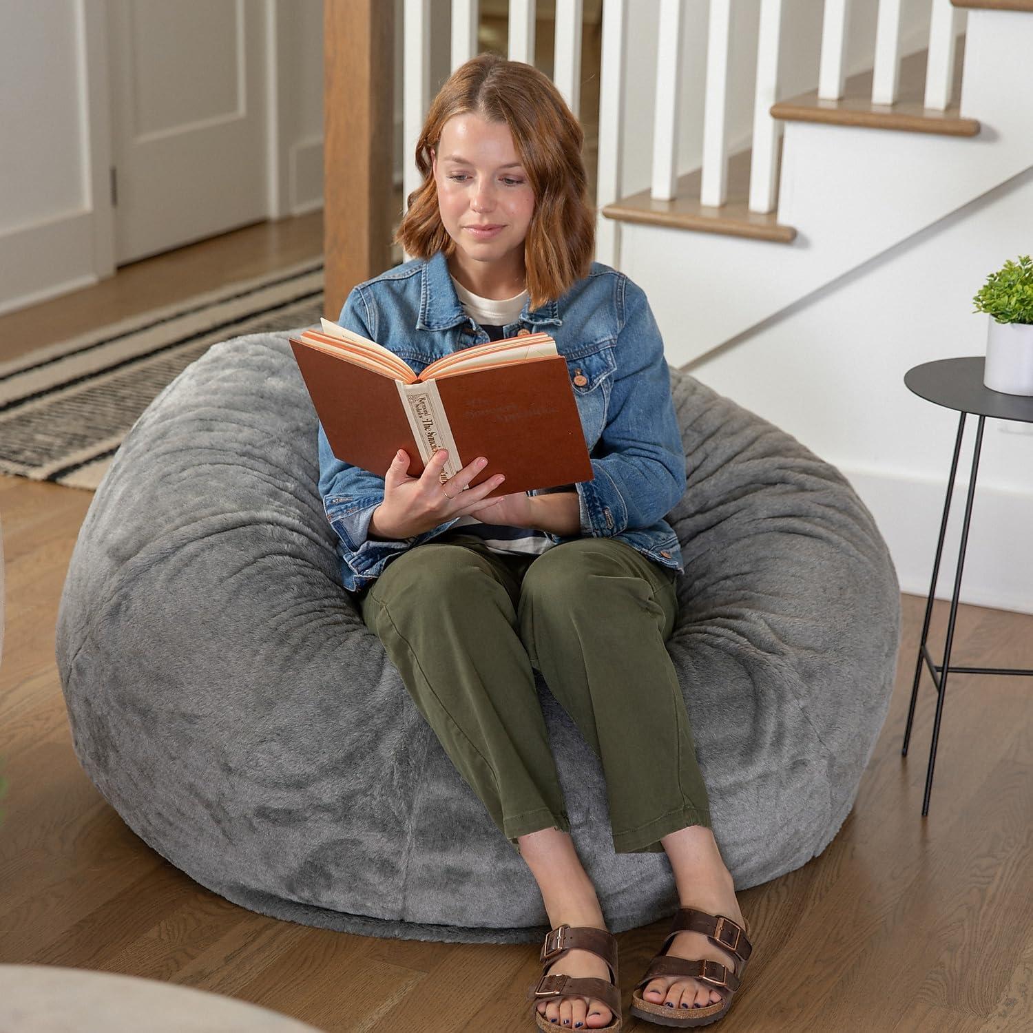 imageFlash Furniture Duncan Oversized Bean Bag Chair for Kids and Adults FoamFilled Beanbag Chair with Machine Washable Cover Light Pink Polka DotGray Furry