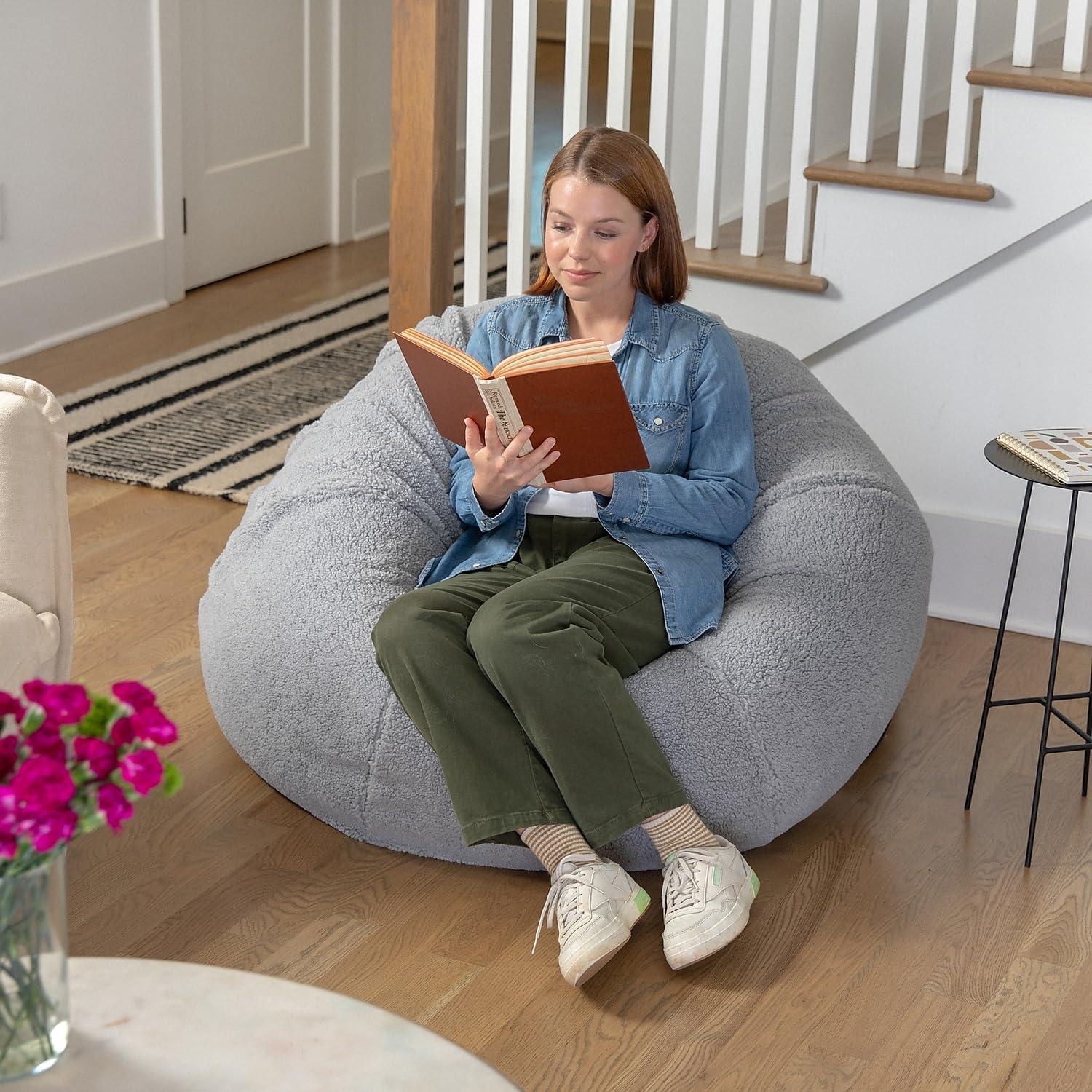 imageFlash Furniture Duncan Oversized Bean Bag Chair for Kids and Adults FoamFilled Beanbag Chair with Machine Washable Cover Light Pink Polka DotGray Sherpa