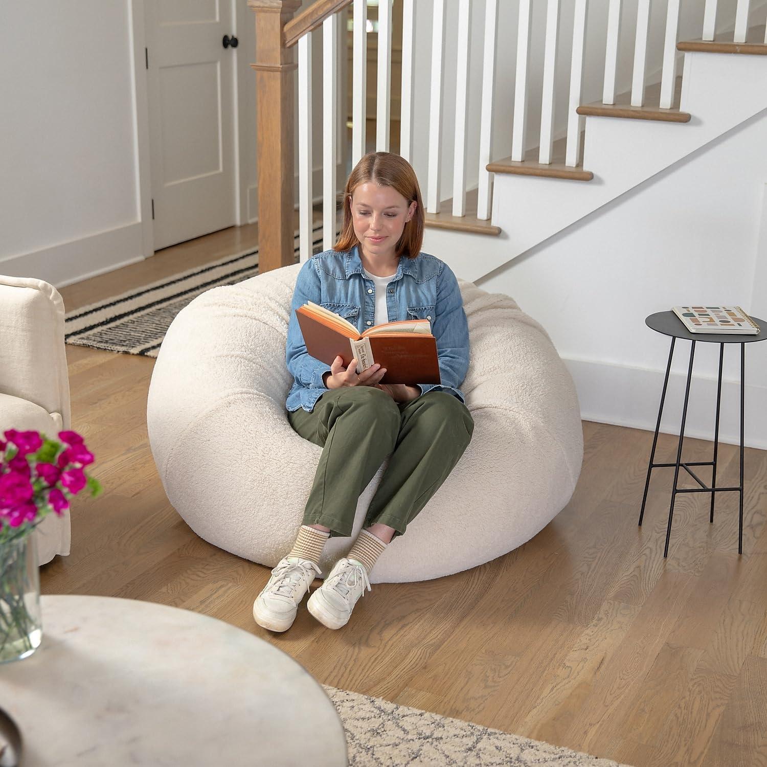 imageFlash Furniture Duncan Oversized Bean Bag Chair for Kids and Adults FoamFilled Beanbag Chair with Machine Washable Cover Light Pink Polka DotNatural Sherpa