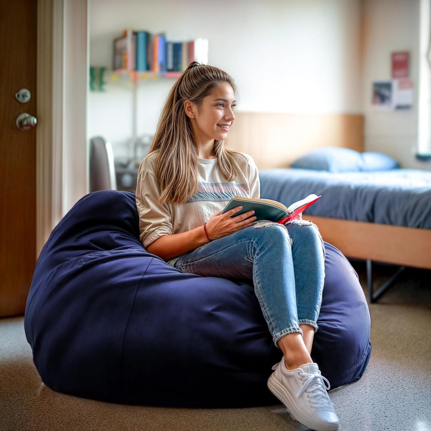 imageFlash Furniture Duncan Oversized Bean Bag Chair for Kids and Adults FoamFilled Beanbag Chair with Machine Washable Cover Light Pink Polka DotNavy Blue