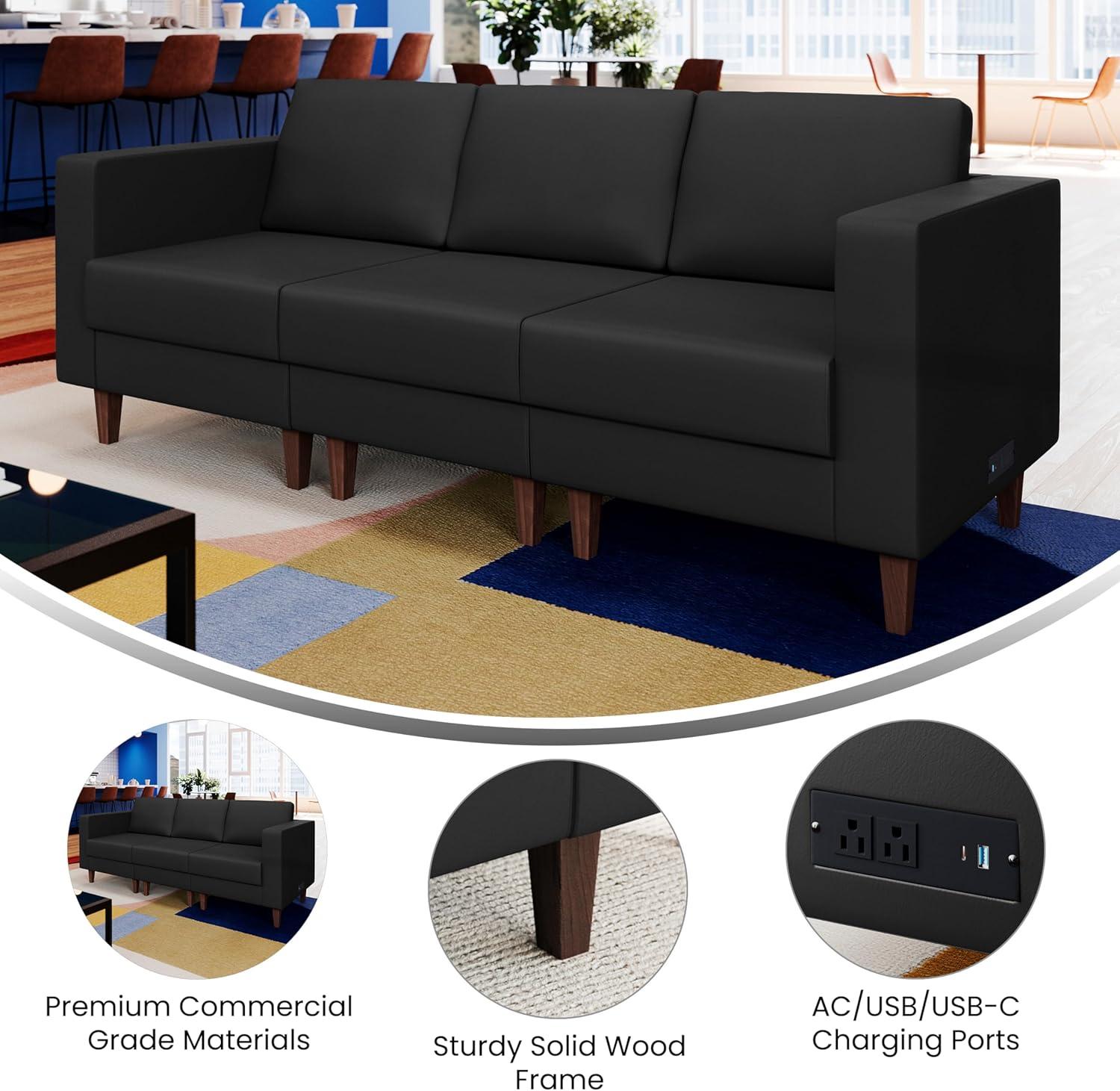 imageFlash Furniture Hercules Artemis Commercial Modular Sofa for Reception and Lobby Use Solid Wood Legs 4 Outlets 2 USB and 2 USBC Ports Black LeatherSoftBlack