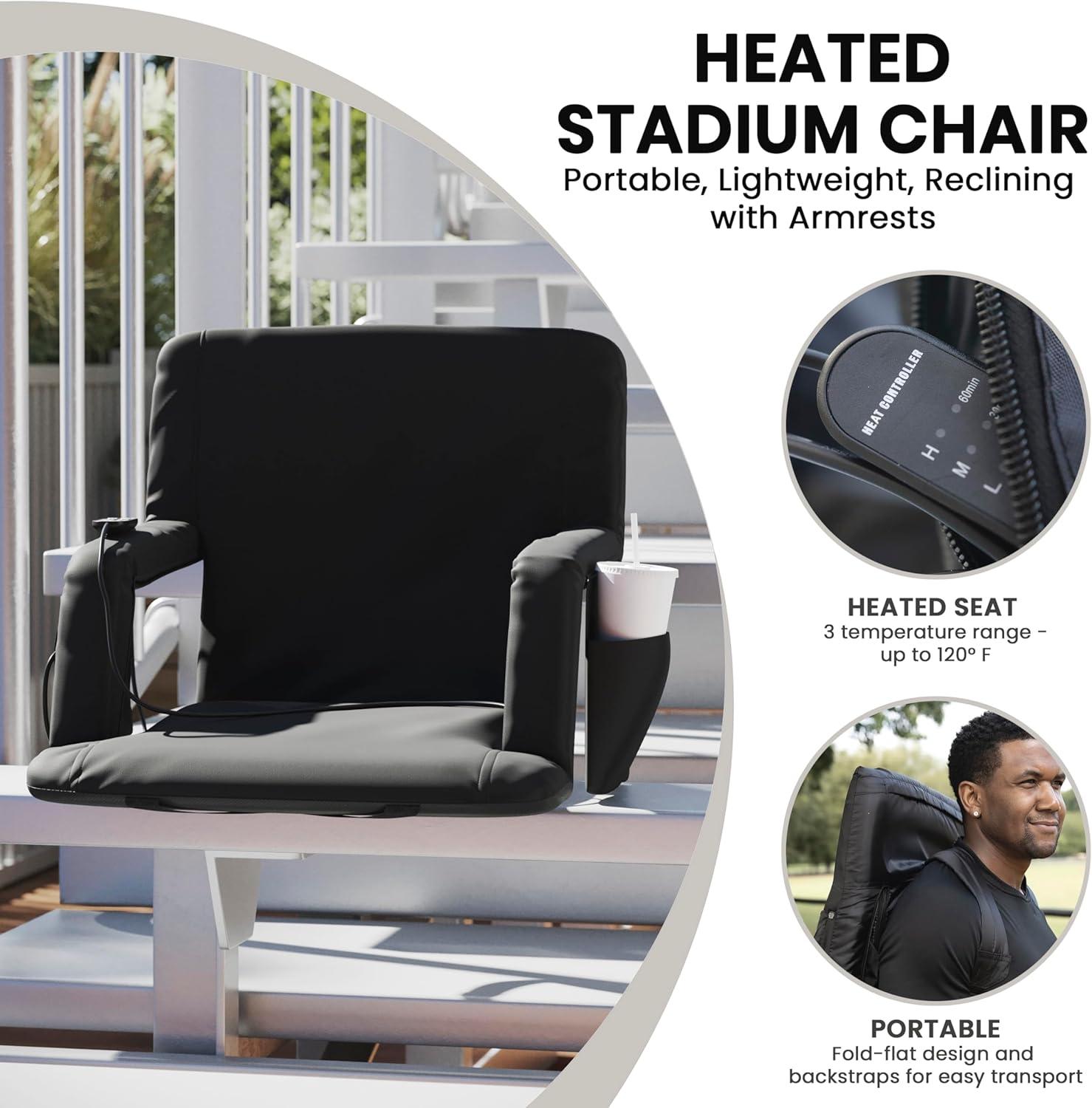 imageFlash Furniture Malta Heated Stadium Seat with Back Support 6 Recline Positions Portable Chair with Backpack Straps USB Battery Pack Not Included BlackBlack
