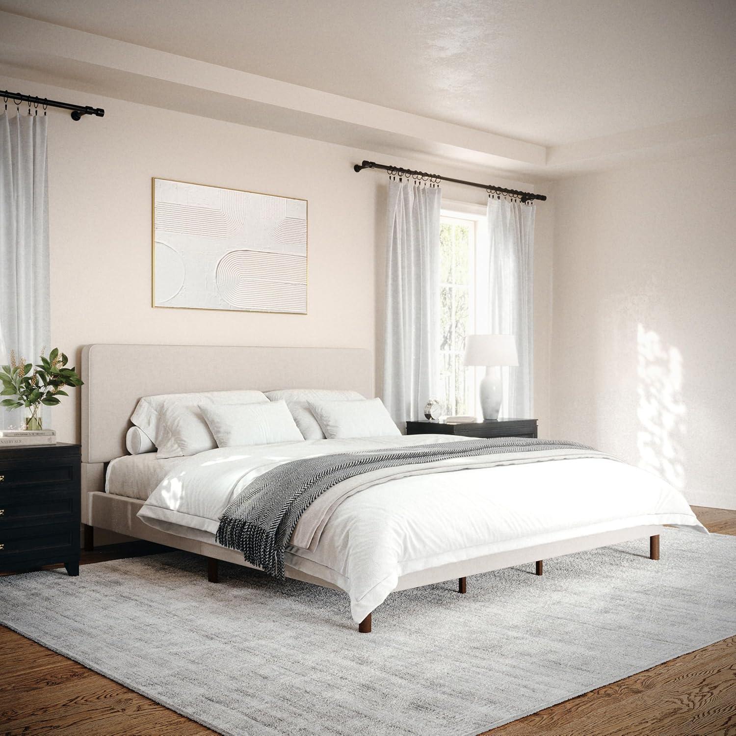 imageMartha Stewart Britta Platform Bed with Headboard ampamp Footboard Faux Linen Upholstery with Piping Detail Rounded Headboard No Box Spring Needed King BeigeBeige FabricWalnut Legs