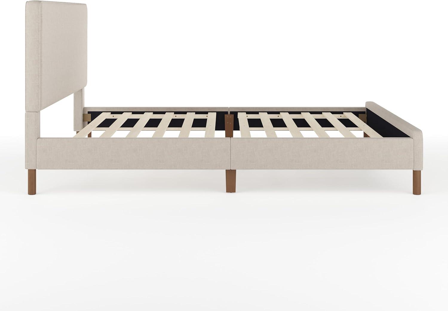 imageMartha Stewart Britta Platform Bed with Headboard ampamp Footboard Faux Linen Upholstery with Piping Detail Rounded Headboard No Box Spring Needed King BeigeBeige FabricWalnut Legs