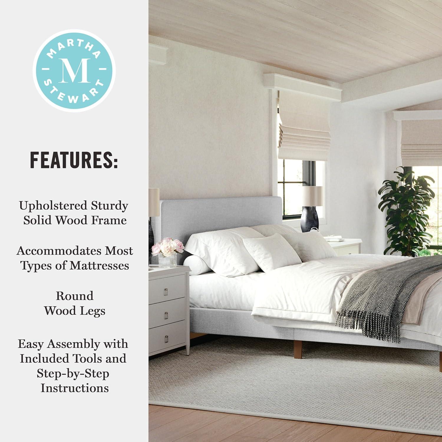 imageMartha Stewart Britta Platform Bed with Headboard ampamp Footboard Faux Linen Upholstery with Piping Detail Rounded Headboard No Box Spring Needed King BeigeGray FabricWalnut Legs