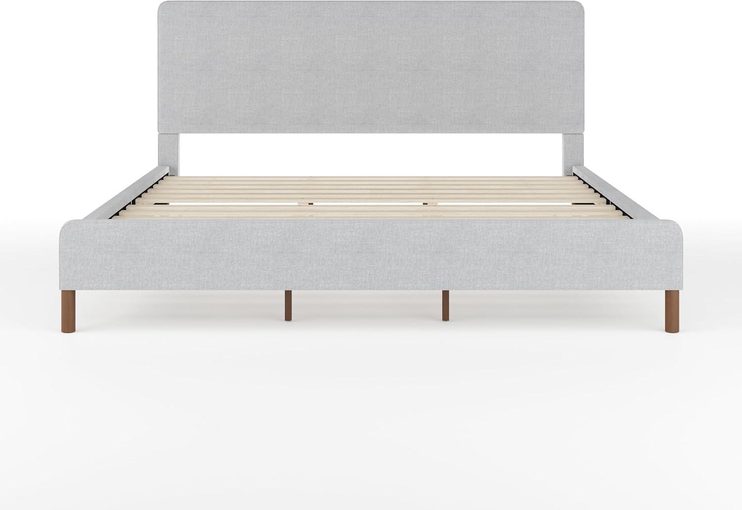 imageMartha Stewart Britta Platform Bed with Headboard ampamp Footboard Faux Linen Upholstery with Piping Detail Rounded Headboard No Box Spring Needed King BeigeGray FabricWalnut Legs