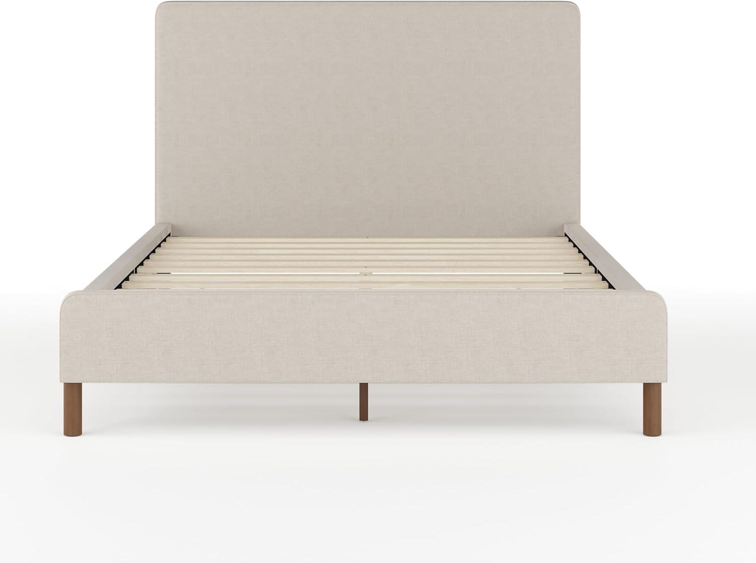 imageMartha Stewart Britta Platform Bed with Headboard ampamp Footboard Faux Linen Upholstery with Piping Detail Rounded Headboard No Box Spring Needed King BeigeBeige FabricWalnut Legs