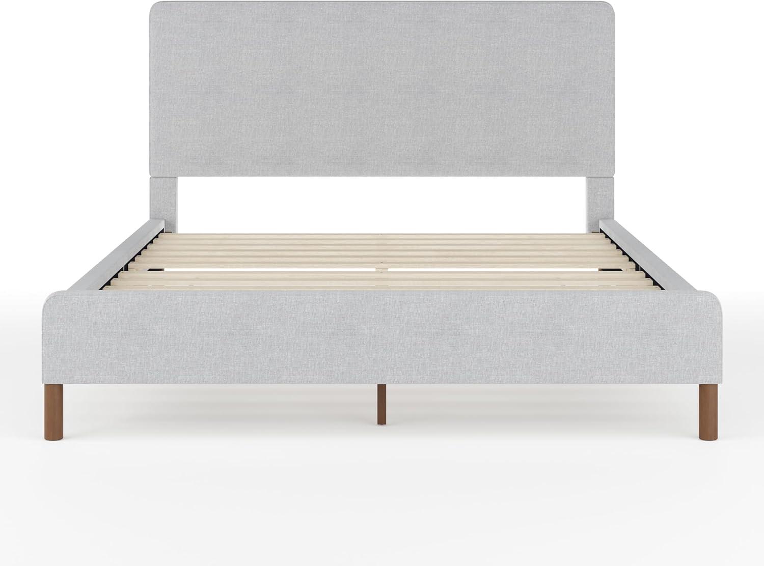 imageMartha Stewart Britta Platform Bed with Headboard ampamp Footboard Faux Linen Upholstery with Piping Detail Rounded Headboard No Box Spring Needed King BeigeGray FabricWalnut Legs