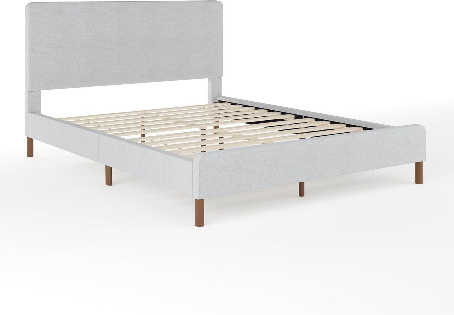 imageMartha Stewart Britta Platform Bed with Headboard ampamp Footboard Faux Linen Upholstery with Piping Detail Rounded Headboard No Box Spring Needed King BeigeGray FabricWalnut Legs