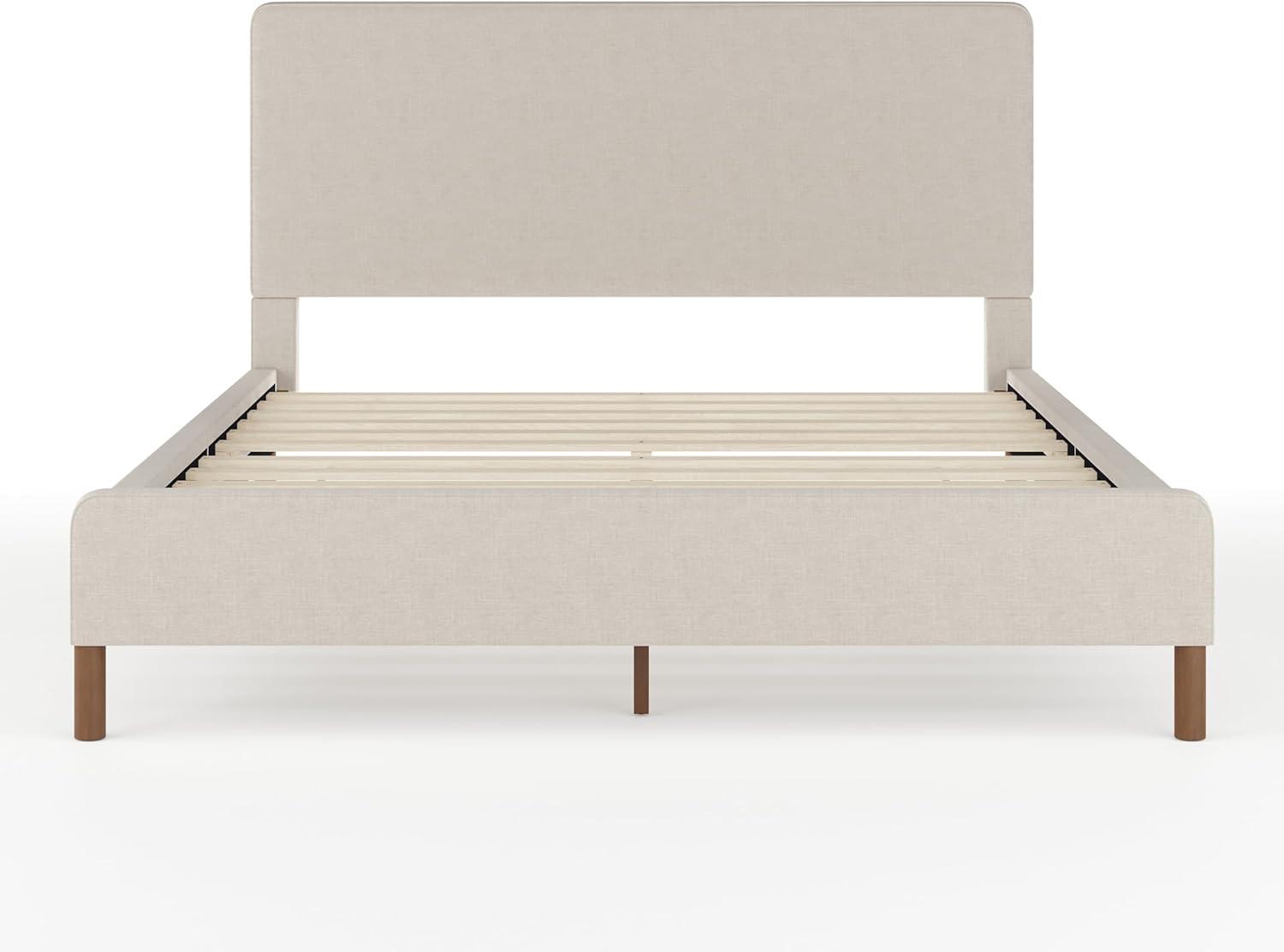 imageMartha Stewart Britta Platform Bed with Headboard ampamp Footboard Faux Linen Upholstery with Piping Detail Rounded Headboard No Box Spring Needed King BeigeBeige FabricWalnut Legs