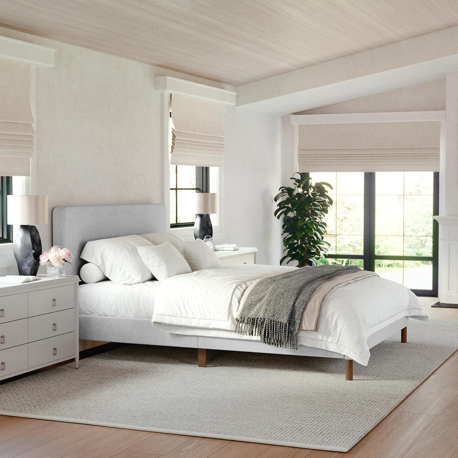 imageMartha Stewart Britta Platform Bed with Headboard ampamp Footboard Faux Linen Upholstery with Piping Detail Rounded Headboard No Box Spring Needed King BeigeGray FabricWalnut Legs