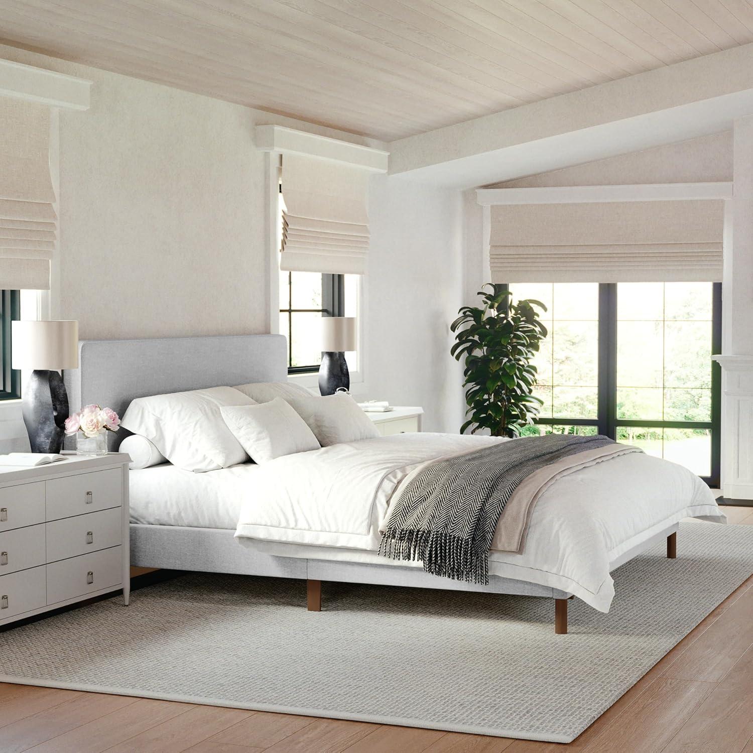 imageMartha Stewart Britta Platform Bed with Headboard ampamp Footboard Faux Linen Upholstery with Piping Detail Rounded Headboard No Box Spring Needed King BeigeGray FabricWalnut Legs