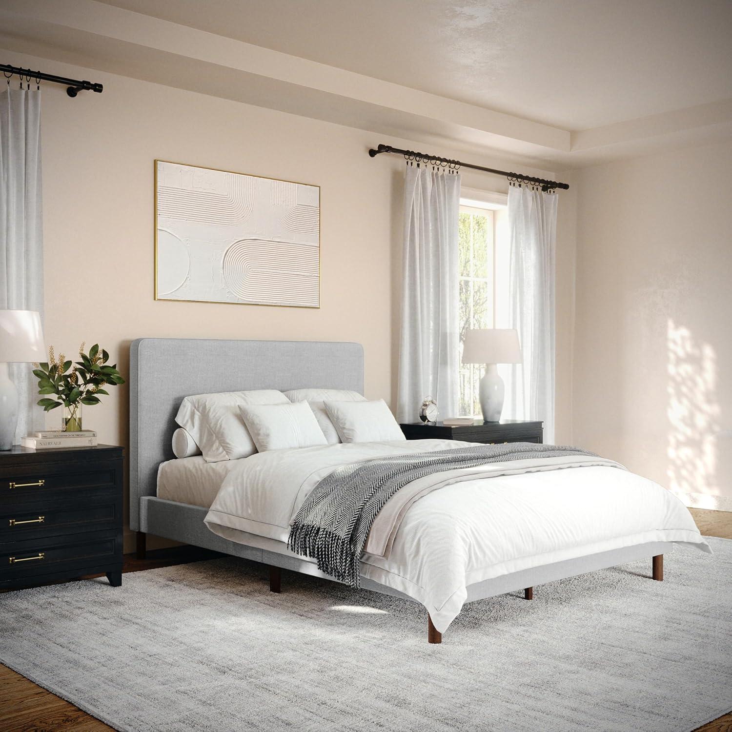 imageMartha Stewart Britta Platform Bed with Headboard ampamp Footboard Faux Linen Upholstery with Piping Detail Rounded Headboard No Box Spring Needed King BeigeGray FabricWalnut Legs