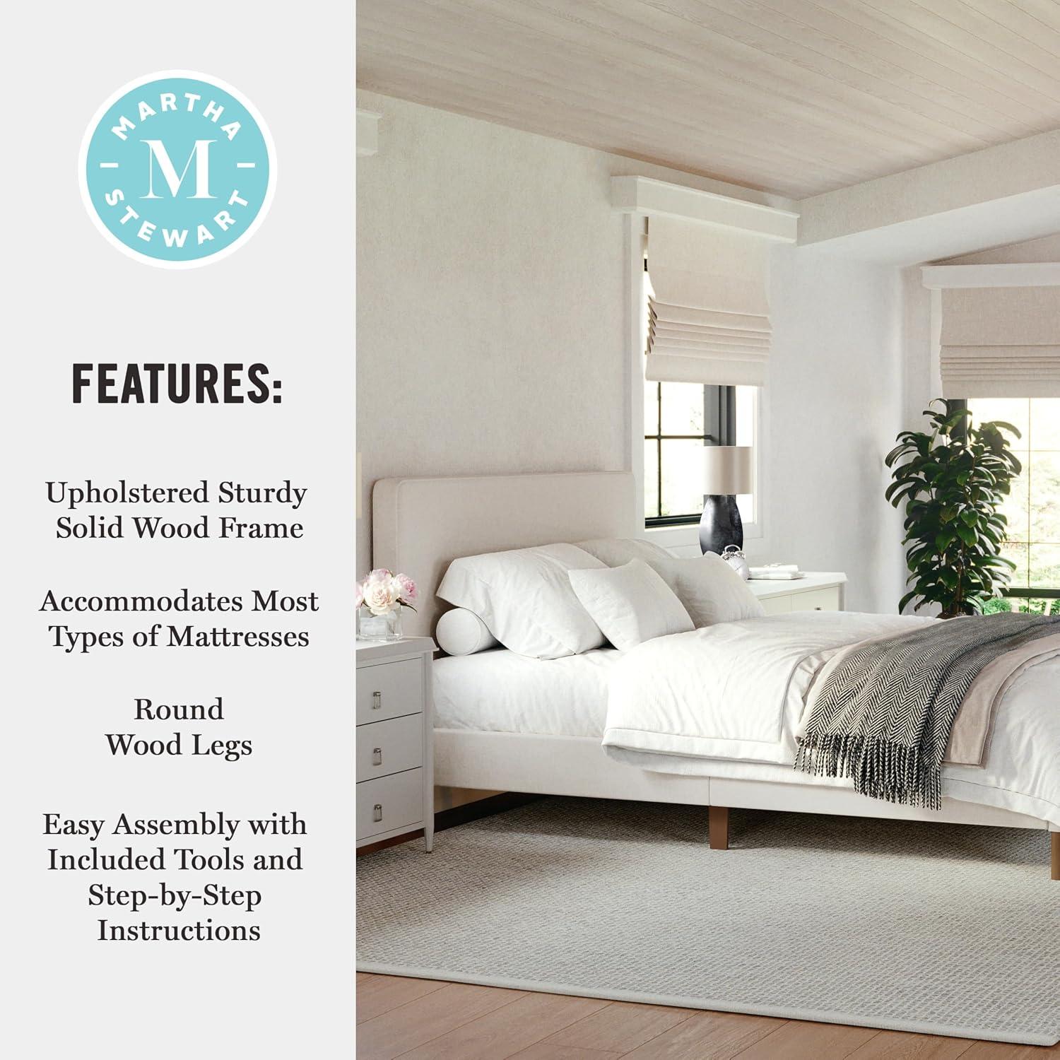 imageMartha Stewart Britta Platform Bed with Headboard ampamp Footboard Faux Linen Upholstery with Piping Detail Rounded Headboard No Box Spring Needed King BeigeBeige FabricWalnut Legs