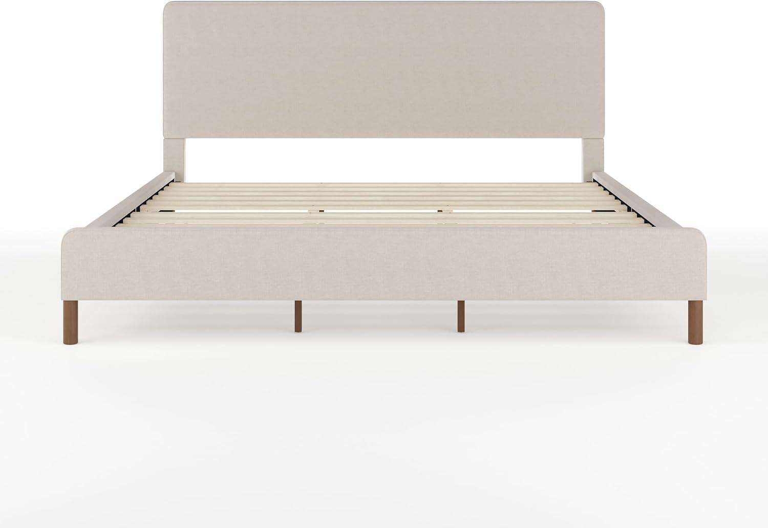 imageMartha Stewart Britta Platform Bed with Headboard ampamp Footboard Faux Linen Upholstery with Piping Detail Rounded Headboard No Box Spring Needed King BeigeBeige FabricWalnut Legs