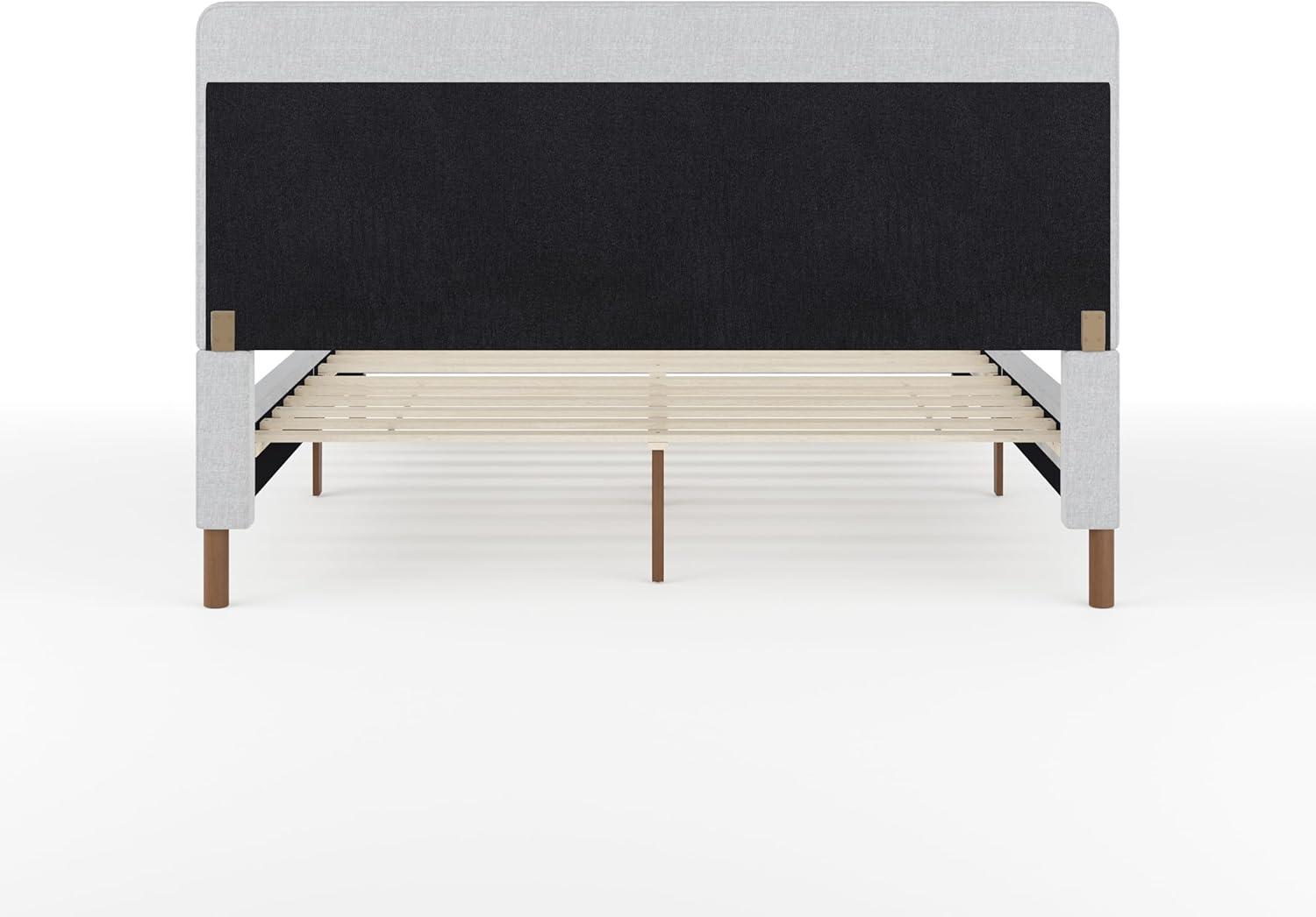 imageMartha Stewart Britta Platform Bed with Headboard ampamp Footboard Faux Linen Upholstery with Piping Detail Rounded Headboard No Box Spring Needed King BeigeGray FabricWalnut Legs