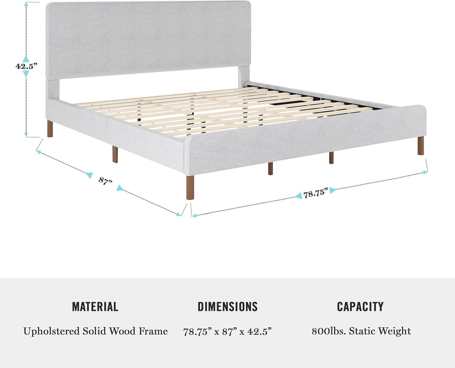 imageMartha Stewart Britta Platform Bed with Headboard ampamp Footboard Faux Linen Upholstery with Piping Detail Rounded Headboard No Box Spring Needed King BeigeGray FabricWalnut Legs