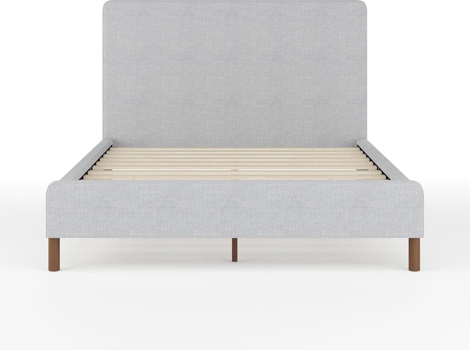 imageMartha Stewart Britta Platform Bed with Headboard ampamp Footboard Faux Linen Upholstery with Piping Detail Rounded Headboard No Box Spring Needed King BeigeGray FabricWalnut Legs
