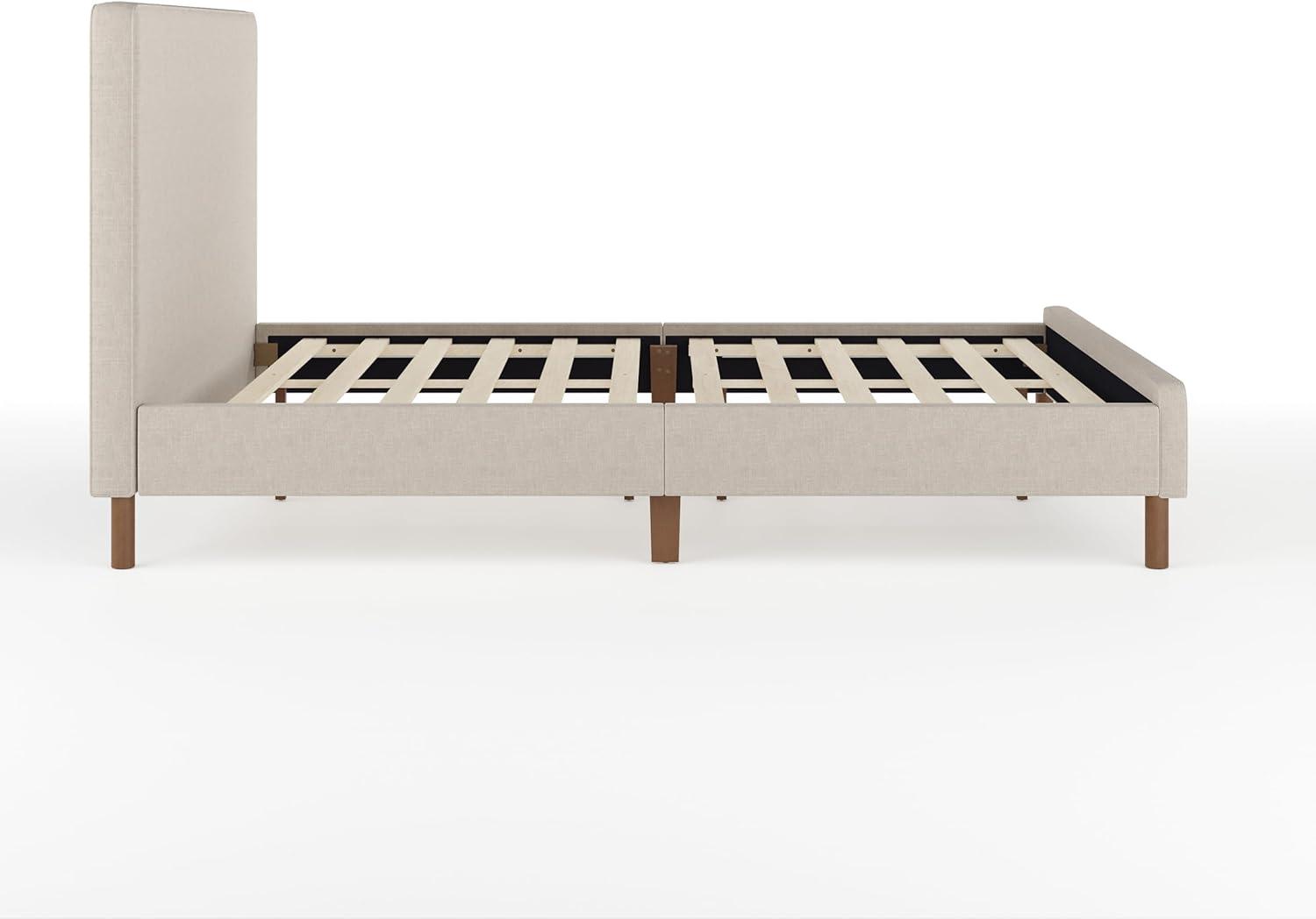imageMartha Stewart Britta Platform Bed with Headboard ampamp Footboard Faux Linen Upholstery with Piping Detail Rounded Headboard No Box Spring Needed King BeigeBeige FabricWalnut Legs
