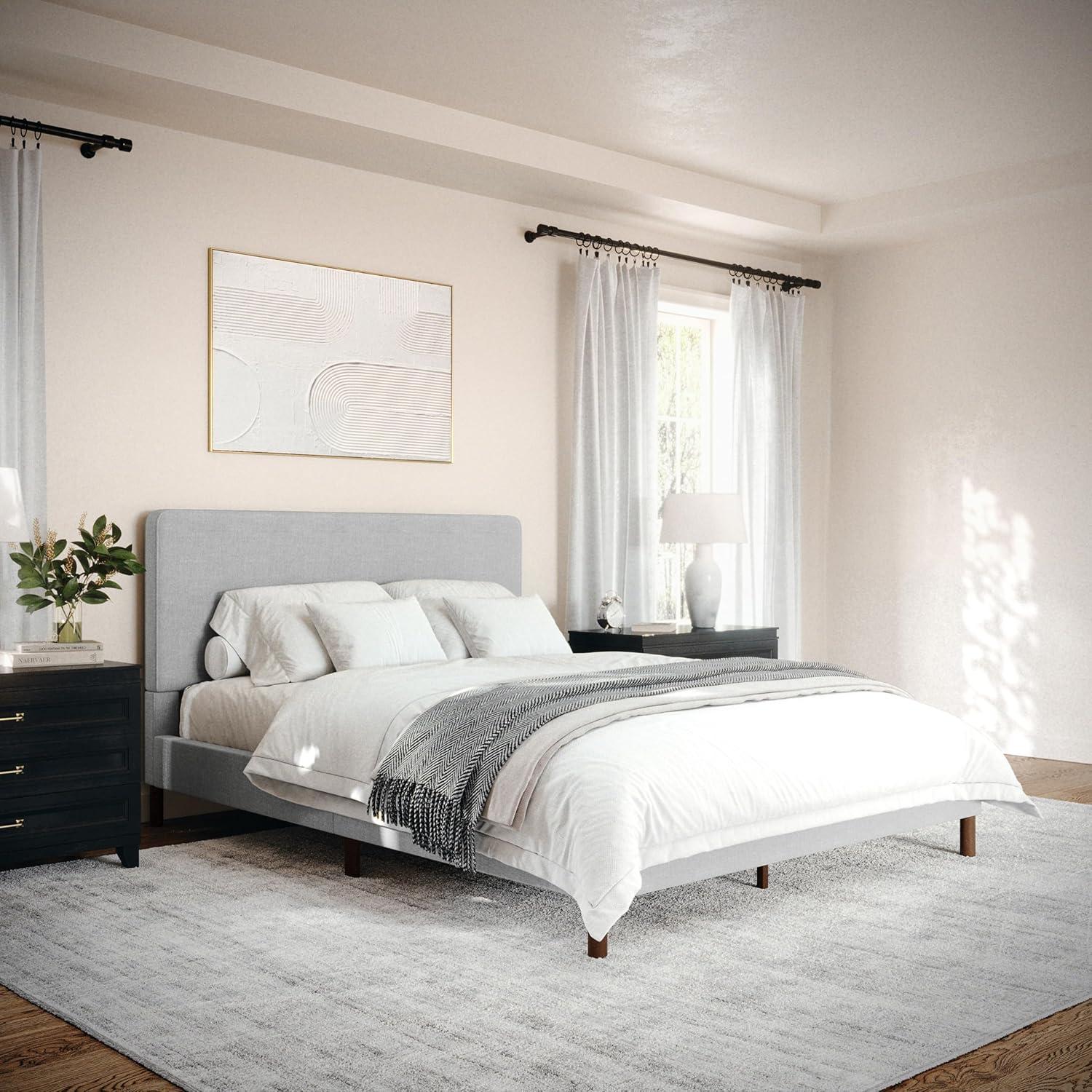 imageMartha Stewart Britta Platform Bed with Headboard ampamp Footboard Faux Linen Upholstery with Piping Detail Rounded Headboard No Box Spring Needed King BeigeGray FabricWalnut Legs