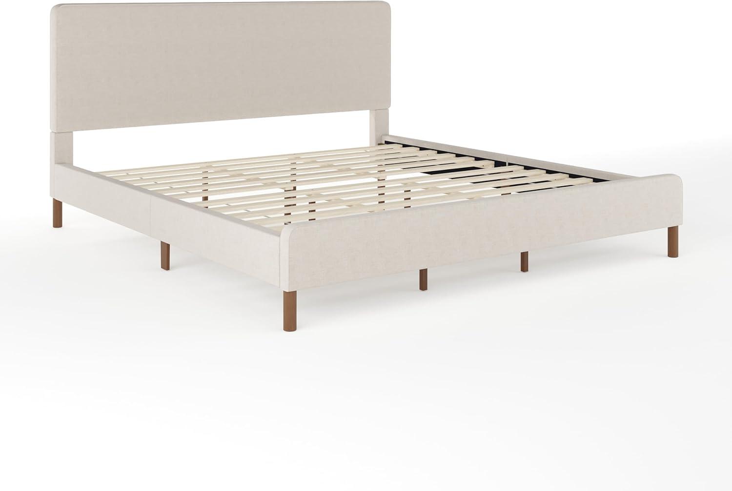 imageMartha Stewart Britta Platform Bed with Headboard ampamp Footboard Faux Linen Upholstery with Piping Detail Rounded Headboard No Box Spring Needed King BeigeBeige FabricWalnut Legs