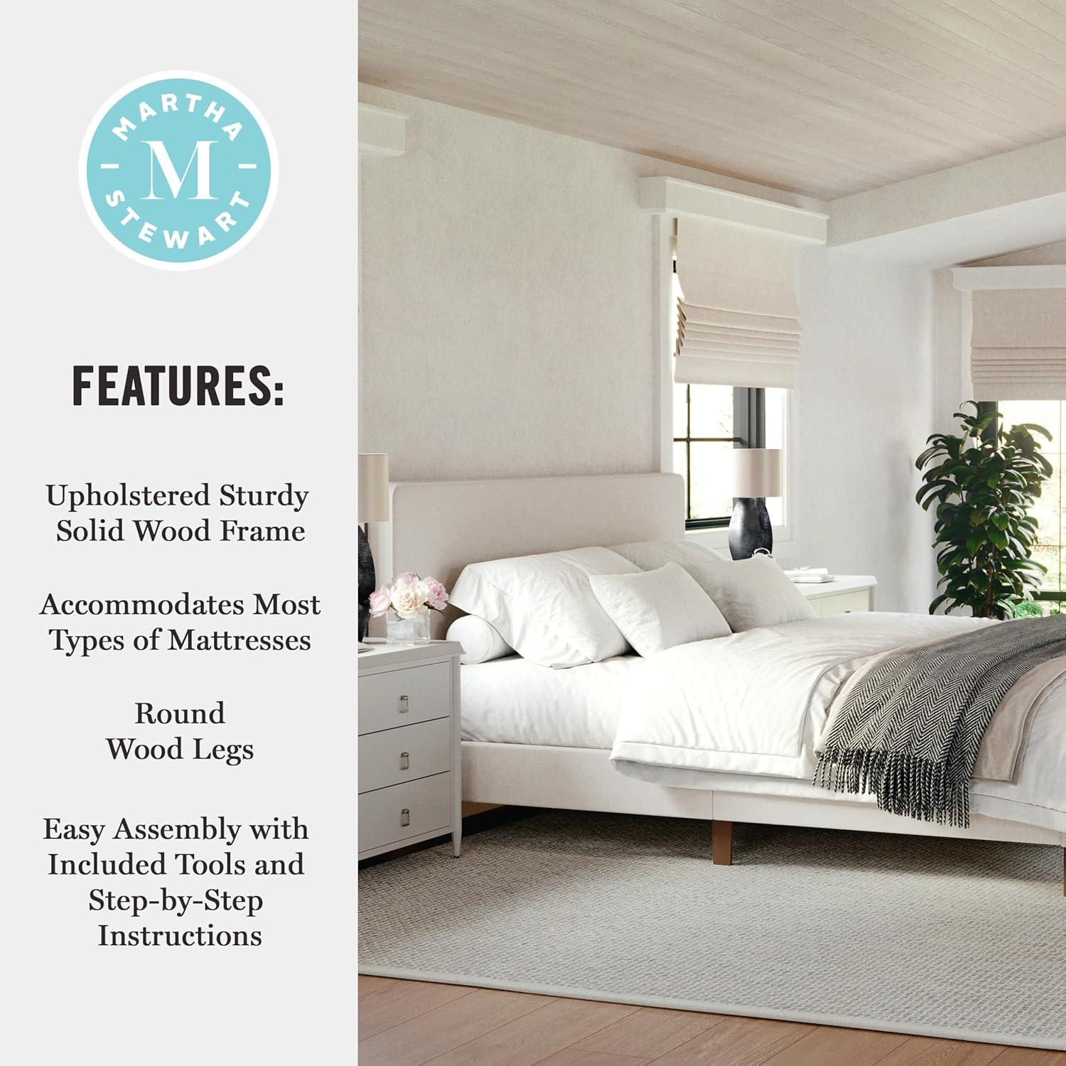 imageMartha Stewart Britta Platform Bed with Headboard ampamp Footboard Faux Linen Upholstery with Piping Detail Rounded Headboard No Box Spring Needed King BeigeBeige FabricWalnut Legs