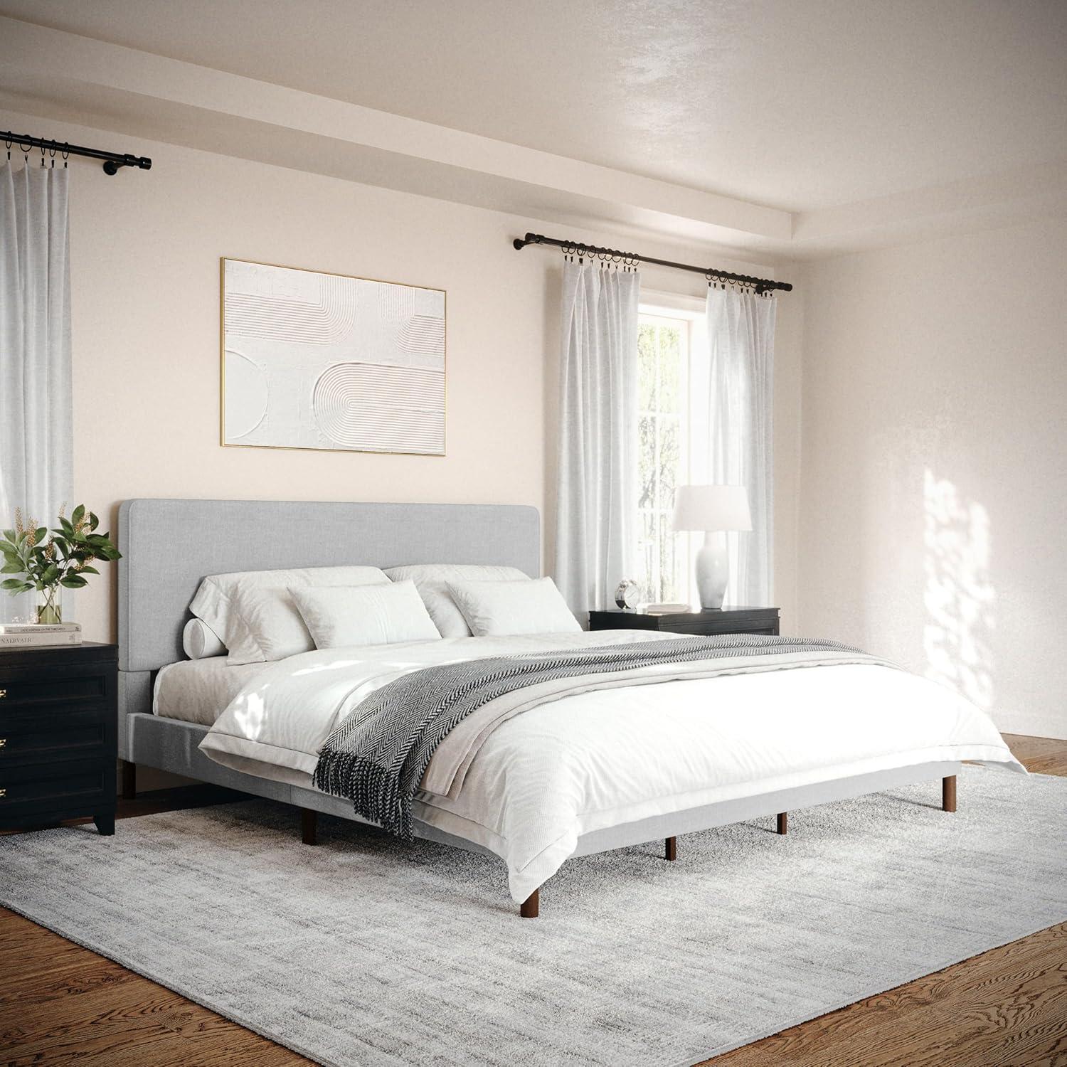 imageMartha Stewart Britta Platform Bed with Headboard ampamp Footboard Faux Linen Upholstery with Piping Detail Rounded Headboard No Box Spring Needed King BeigeGray FabricWalnut Legs