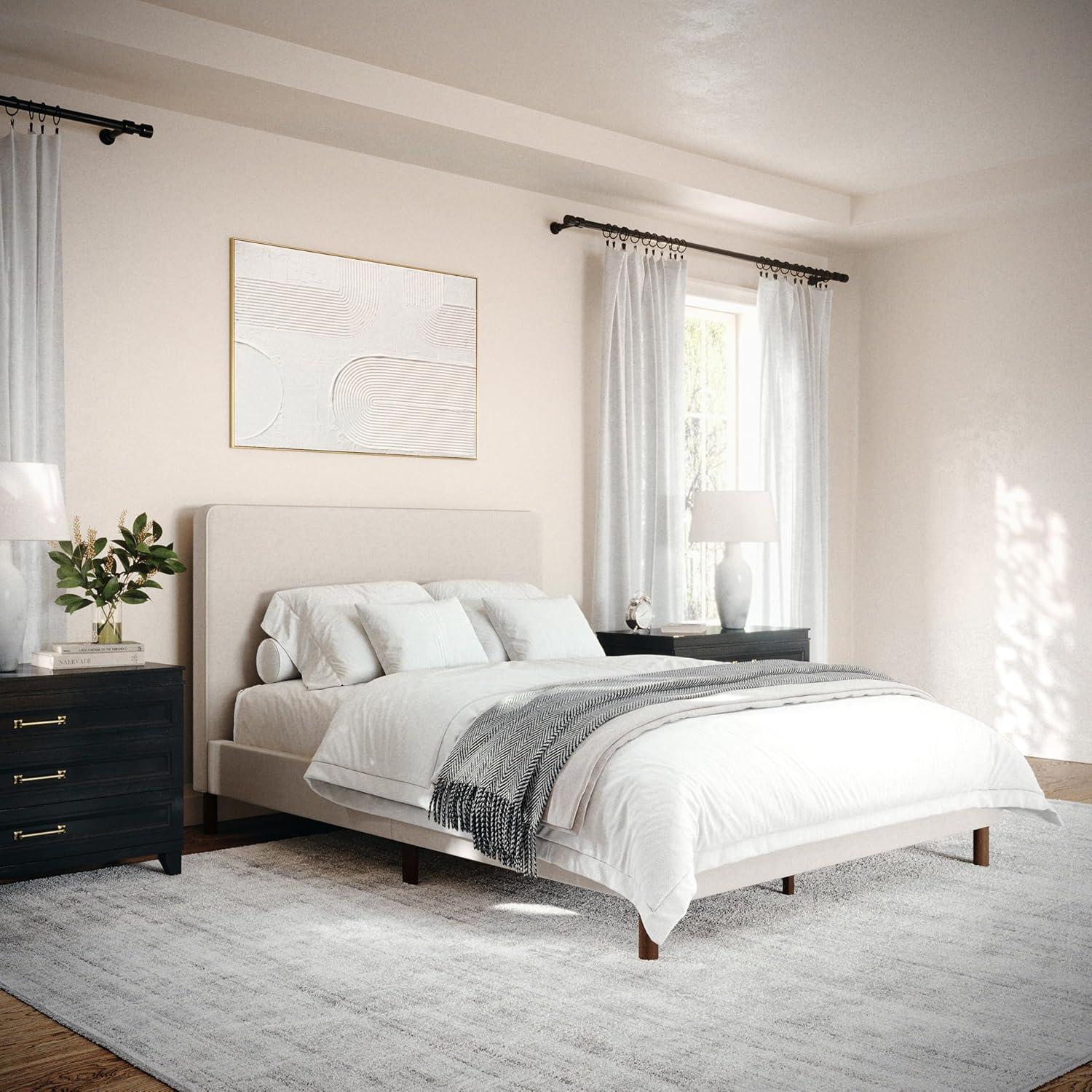 imageMartha Stewart Britta Platform Bed with Headboard ampamp Footboard Faux Linen Upholstery with Piping Detail Rounded Headboard No Box Spring Needed King BeigeBeige FabricWalnut Legs