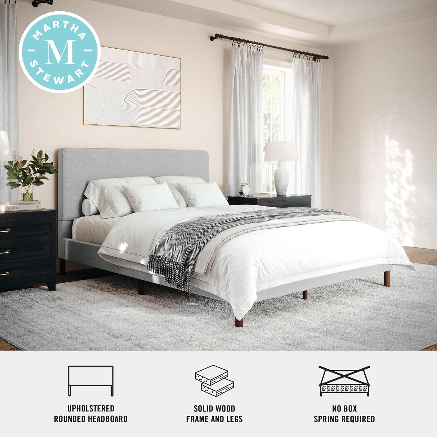 imageMartha Stewart Britta Platform Bed with Headboard ampamp Footboard Faux Linen Upholstery with Piping Detail Rounded Headboard No Box Spring Needed King BeigeGray FabricWalnut Legs