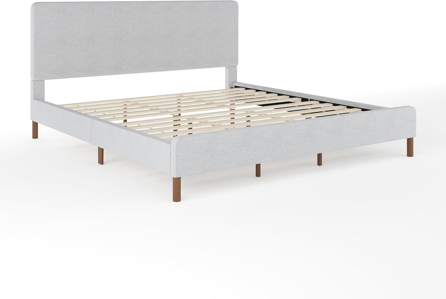imageMartha Stewart Britta Platform Bed with Headboard ampamp Footboard Faux Linen Upholstery with Piping Detail Rounded Headboard No Box Spring Needed King BeigeGray FabricWalnut Legs