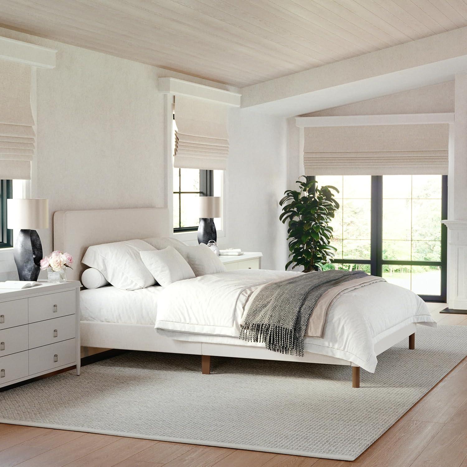 imageMartha Stewart Britta Platform Bed with Headboard ampamp Footboard Faux Linen Upholstery with Piping Detail Rounded Headboard No Box Spring Needed King BeigeBeige FabricWalnut Legs