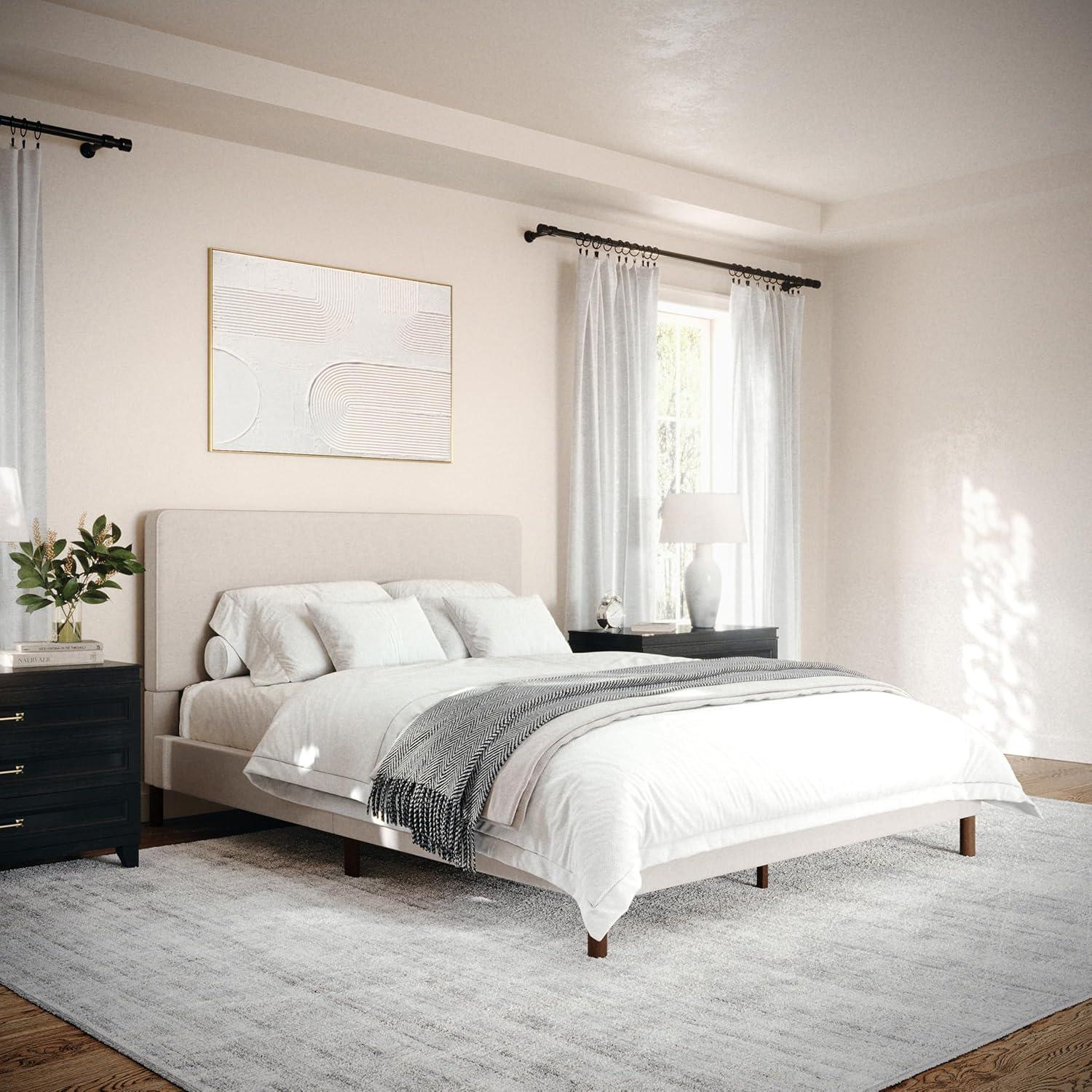 imageMartha Stewart Britta Platform Bed with Headboard ampamp Footboard Faux Linen Upholstery with Piping Detail Rounded Headboard No Box Spring Needed King BeigeBeige FabricWalnut Legs