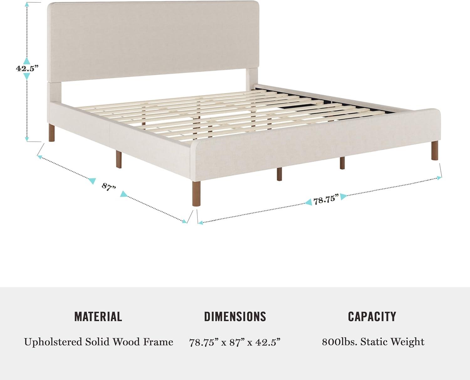 imageMartha Stewart Britta Platform Bed with Headboard ampamp Footboard Faux Linen Upholstery with Piping Detail Rounded Headboard No Box Spring Needed King BeigeBeige FabricWalnut Legs