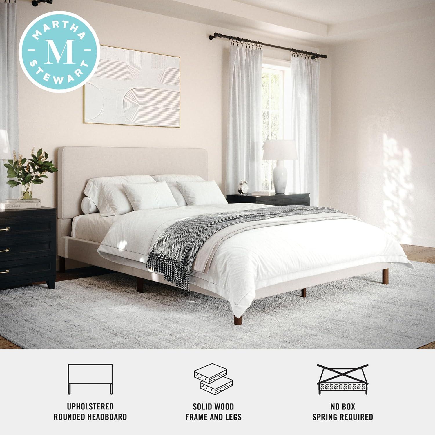 imageMartha Stewart Britta Platform Bed with Headboard ampamp Footboard Faux Linen Upholstery with Piping Detail Rounded Headboard No Box Spring Needed King BeigeBeige FabricWalnut Legs