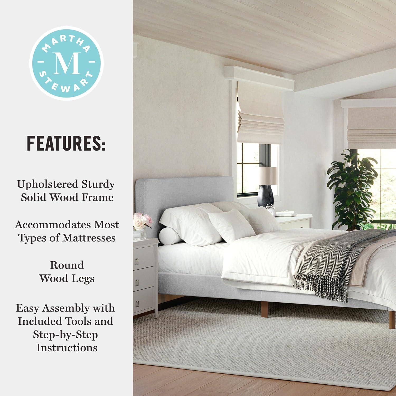 imageMartha Stewart Britta Platform Bed with Headboard ampamp Footboard Faux Linen Upholstery with Piping Detail Rounded Headboard No Box Spring Needed King BeigeGray FabricWalnut Legs