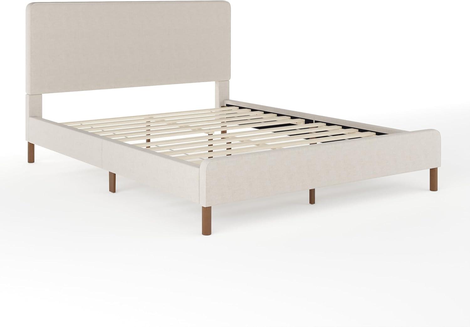 imageMartha Stewart Britta Platform Bed with Headboard ampamp Footboard Faux Linen Upholstery with Piping Detail Rounded Headboard No Box Spring Needed King BeigeBeige FabricWalnut Legs