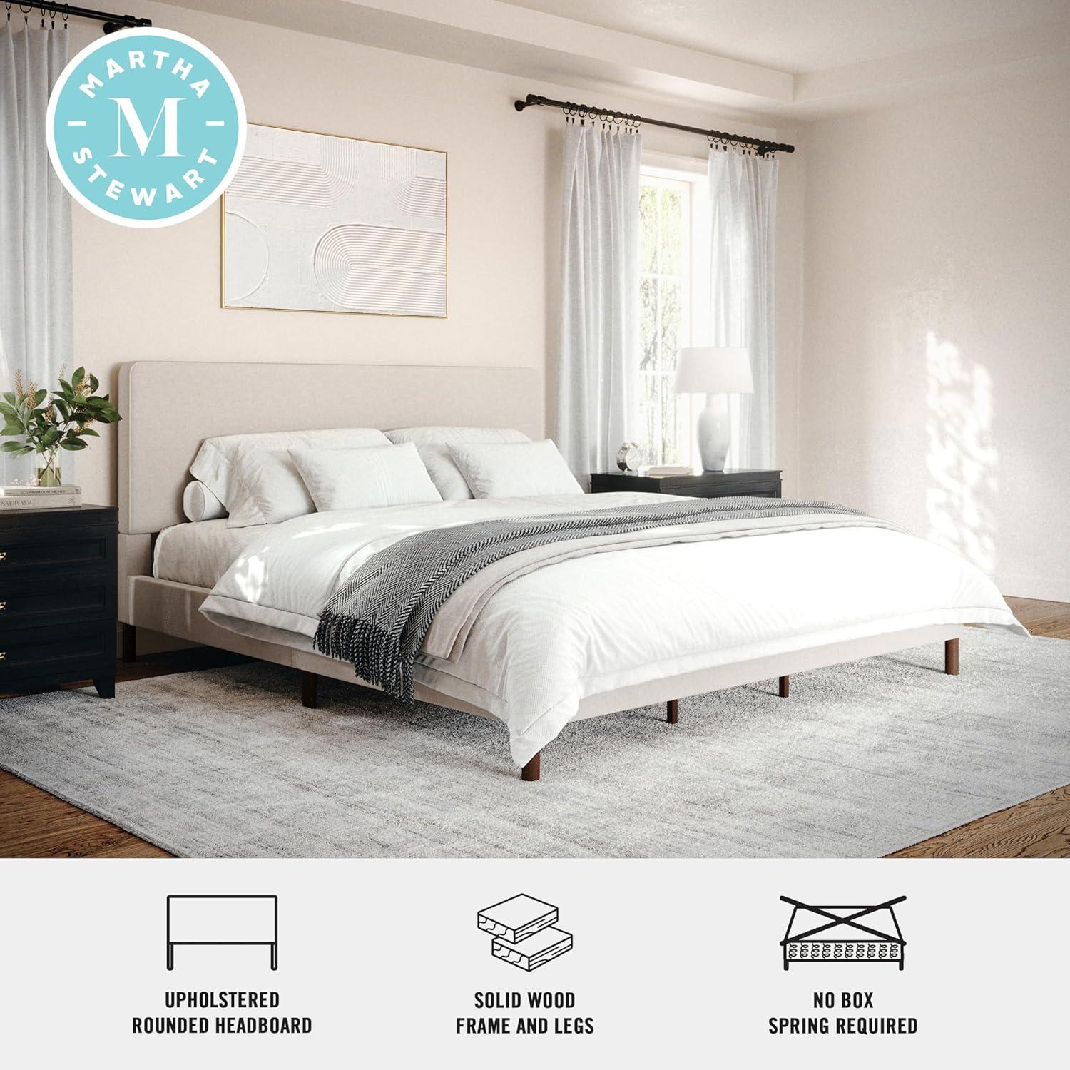 imageMartha Stewart Britta Platform Bed with Headboard ampamp Footboard Faux Linen Upholstery with Piping Detail Rounded Headboard No Box Spring Needed King BeigeBeige FabricWalnut Legs