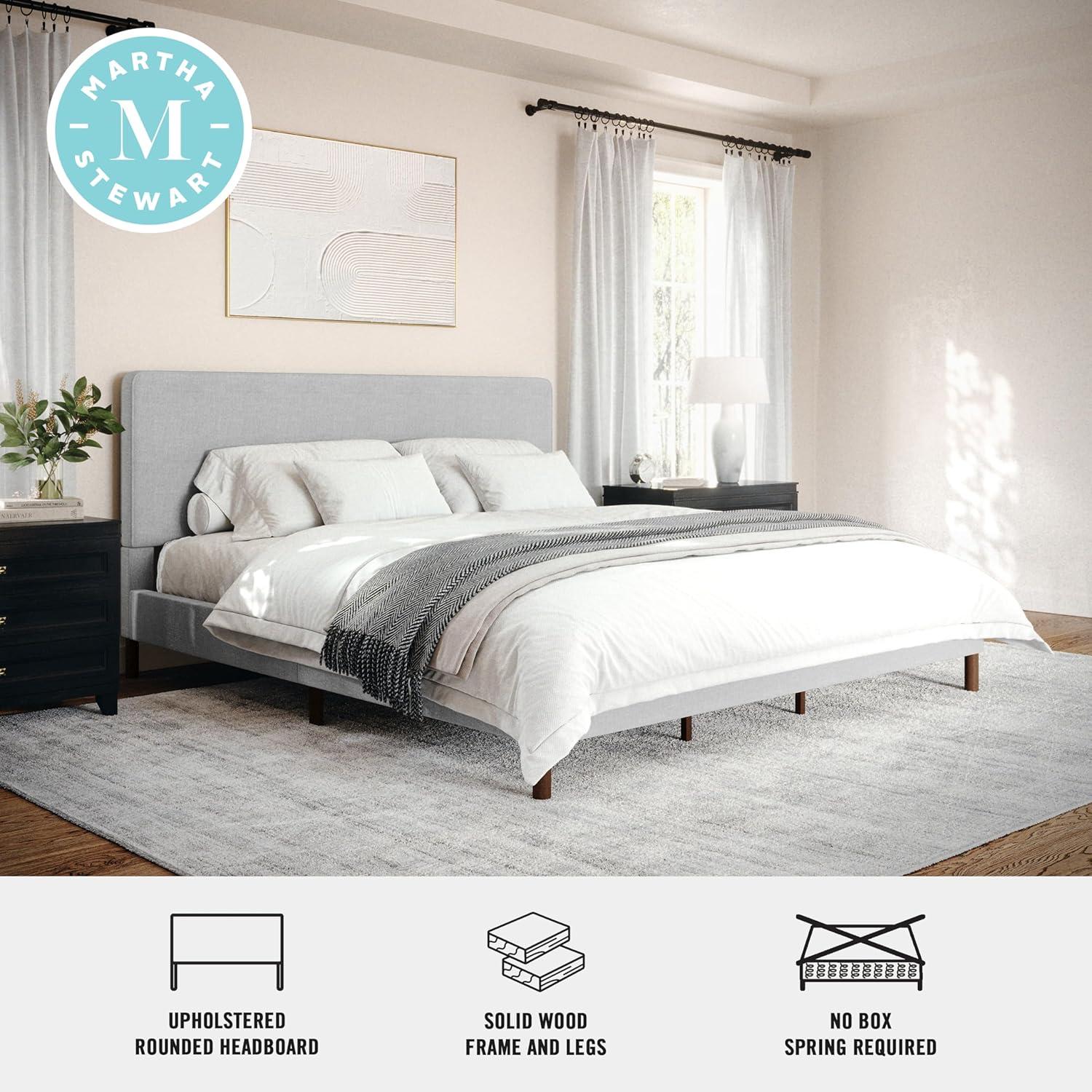 imageMartha Stewart Britta Platform Bed with Headboard ampamp Footboard Faux Linen Upholstery with Piping Detail Rounded Headboard No Box Spring Needed King BeigeGray FabricWalnut Legs