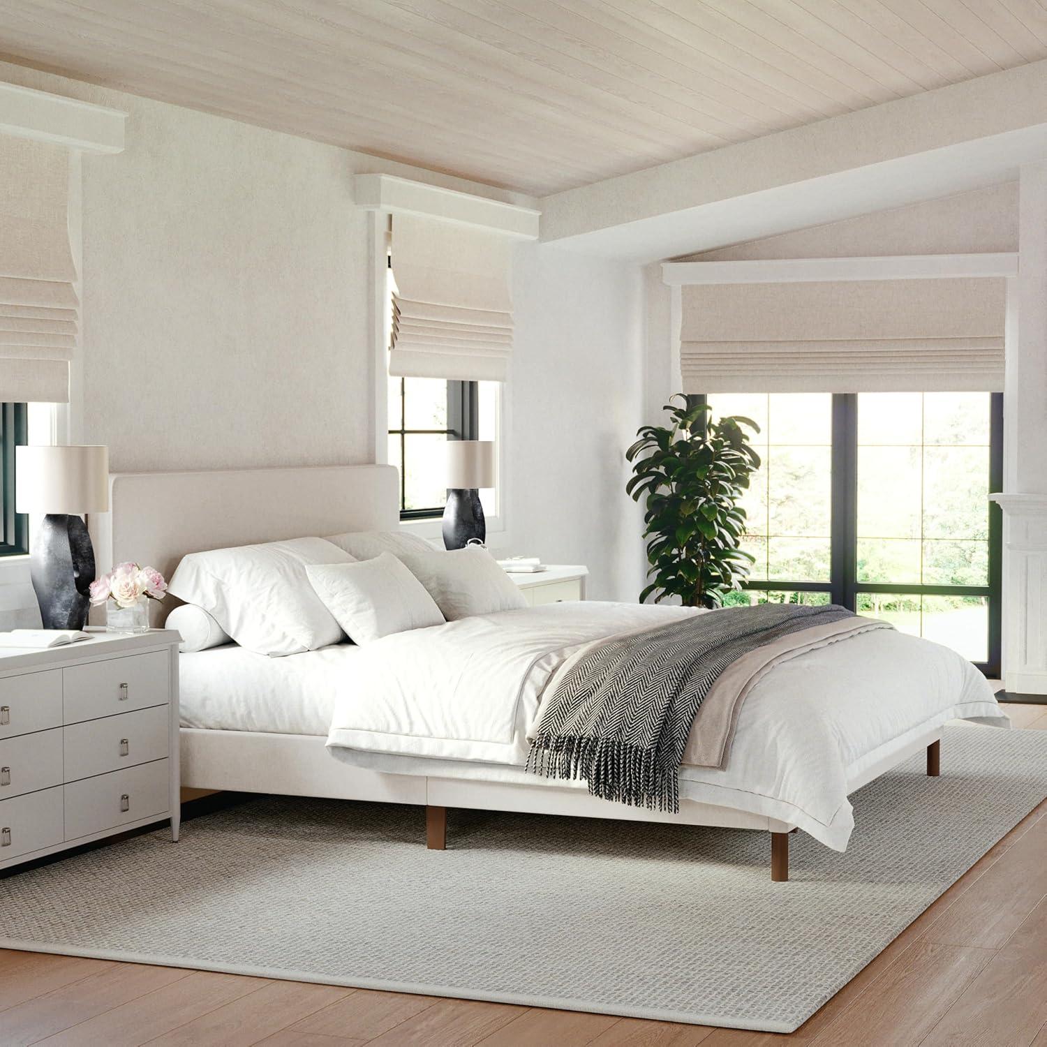 imageMartha Stewart Britta Platform Bed with Headboard ampamp Footboard Faux Linen Upholstery with Piping Detail Rounded Headboard No Box Spring Needed King BeigeBeige FabricWalnut Legs