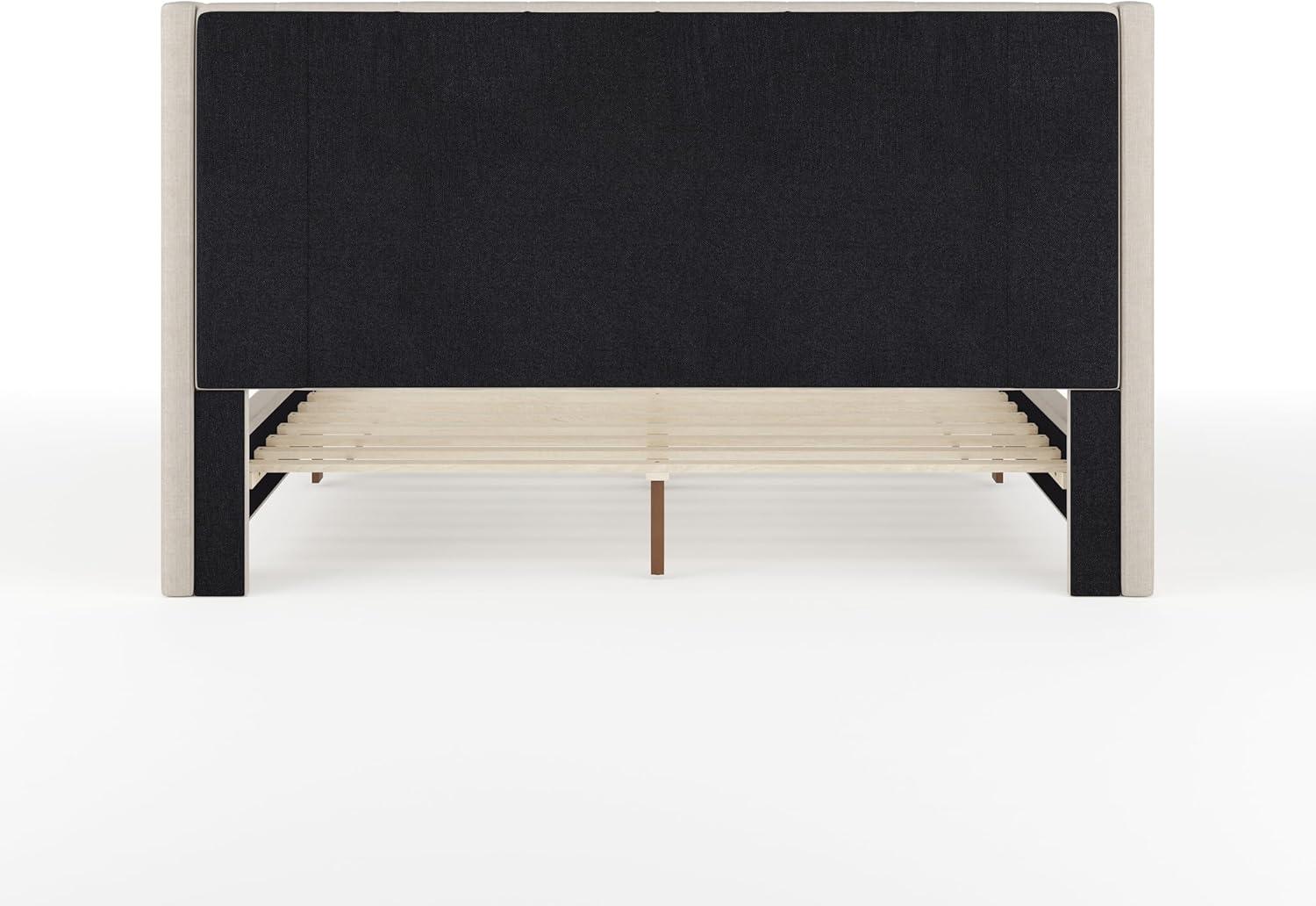imageMartha Stewart Britta Platform Bed with Headboard ampamp Footboard Faux Linen Upholstery with Piping Detail Rounded Headboard No Box Spring Needed King BeigeBeige FabricWalnut Legs