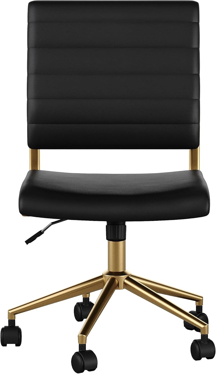 imageMartha Stewart Ivy Armless Swivel Task Chair for Home Office in White Faux Leather with Polished Brass FrameBlack Faux LeatherPolished Brass