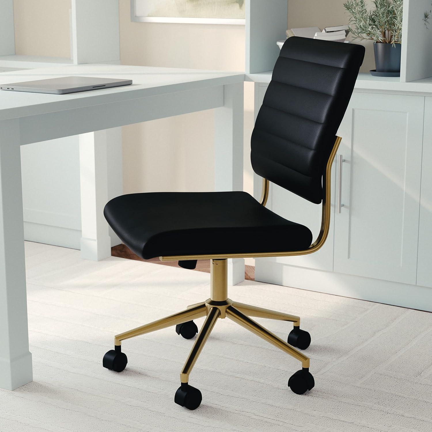 imageMartha Stewart Ivy Armless Swivel Task Chair for Home Office in White Faux Leather with Polished Brass FrameBlack Faux LeatherPolished Brass