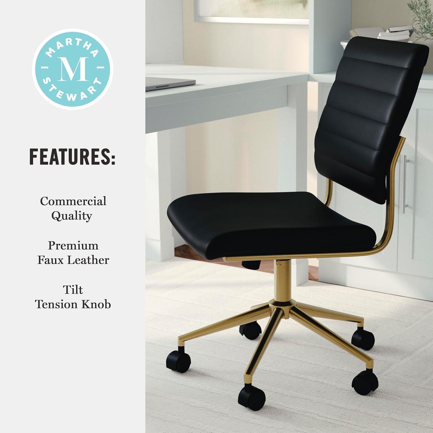 imageMartha Stewart Ivy Armless Swivel Task Chair for Home Office in White Faux Leather with Polished Brass FrameBlack Faux LeatherPolished Brass