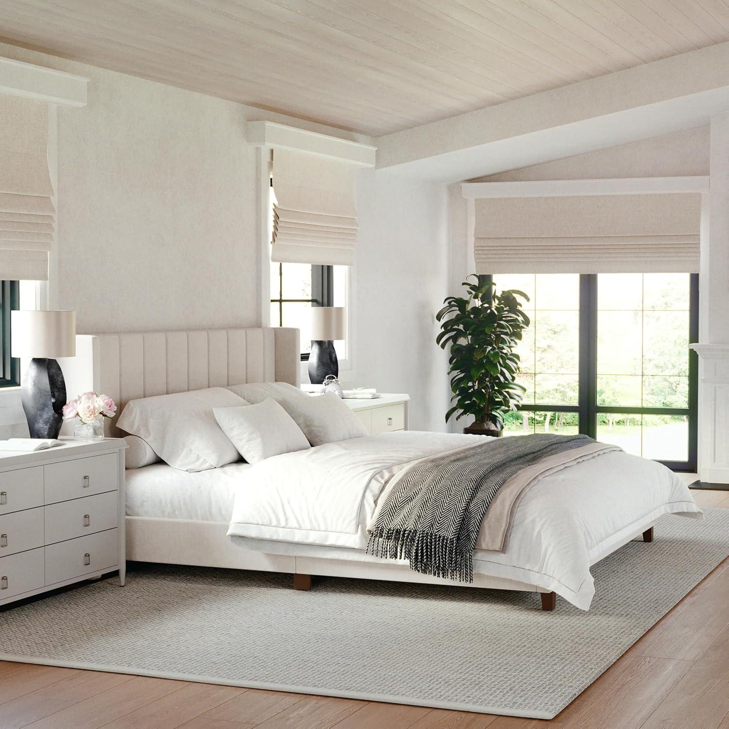 imageMartha Stewart Kay Low Profile Platform Bed with Wingback Headboard Channel Stitched Faux Linen Upholstery No Box Spring Needed King BeigeBeige FabricWalnut Legs