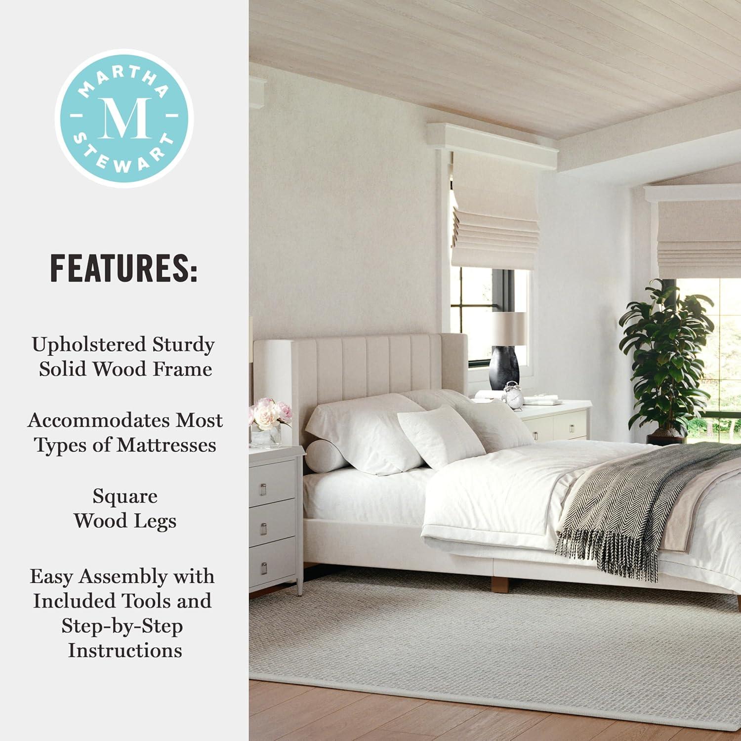 imageMartha Stewart Kay Low Profile Platform Bed with Wingback Headboard Channel Stitched Faux Linen Upholstery No Box Spring Needed King BeigeBeige FabricWalnut Legs