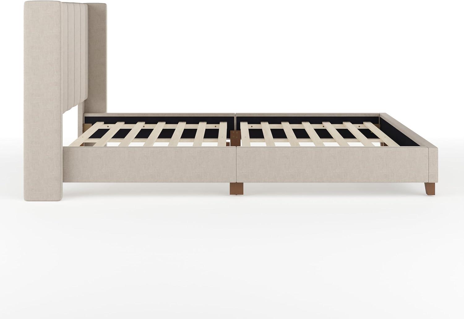 imageMartha Stewart Kay Low Profile Platform Bed with Wingback Headboard Channel Stitched Faux Linen Upholstery No Box Spring Needed King BeigeBeige FabricWalnut Legs