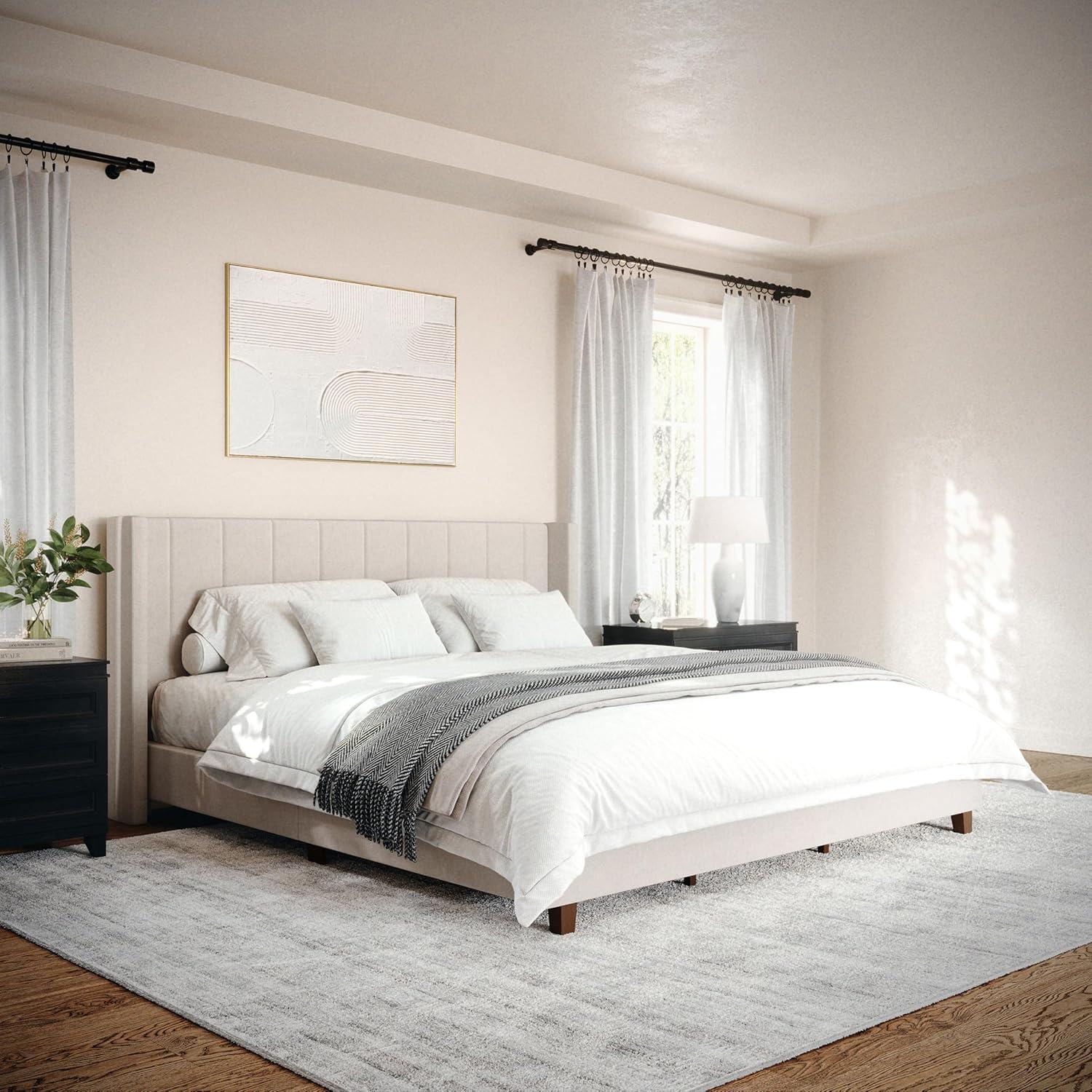 imageMartha Stewart Kay Low Profile Platform Bed with Wingback Headboard Channel Stitched Faux Linen Upholstery No Box Spring Needed King BeigeBeige FabricWalnut Legs