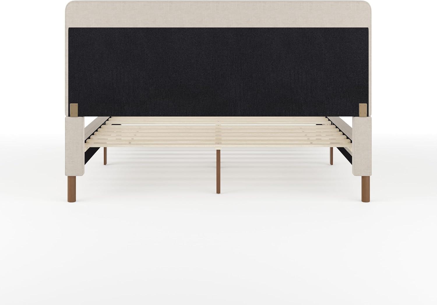 imageMartha Stewart Kay Low Profile Platform Bed with Wingback Headboard Channel Stitched Faux Linen Upholstery No Box Spring Needed King BeigeBeige FabricWalnut Legs
