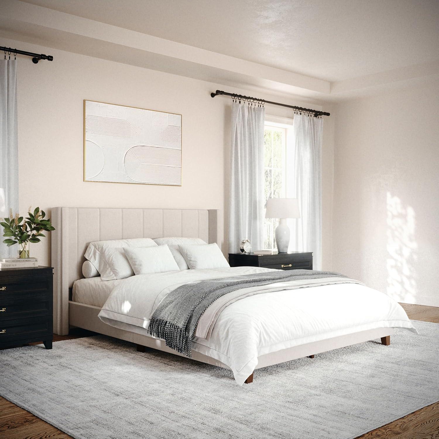 imageMartha Stewart Kay Low Profile Platform Bed with Wingback Headboard Channel Stitched Faux Linen Upholstery No Box Spring Needed King BeigeBeige FabricWalnut Legs